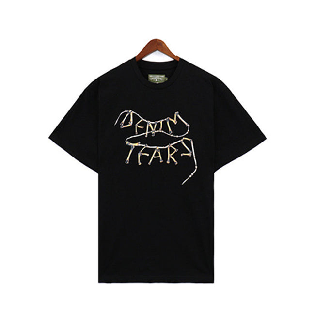 Denim Tears Black Oversized Short Sleeve Tee with Gold Denim Tears Text Graphic Hover Image