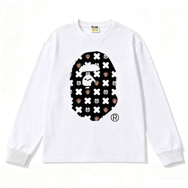 BAPE Style All-Over Cartoon Print Ape Head Long-Sleeve Tee - White Hover Image