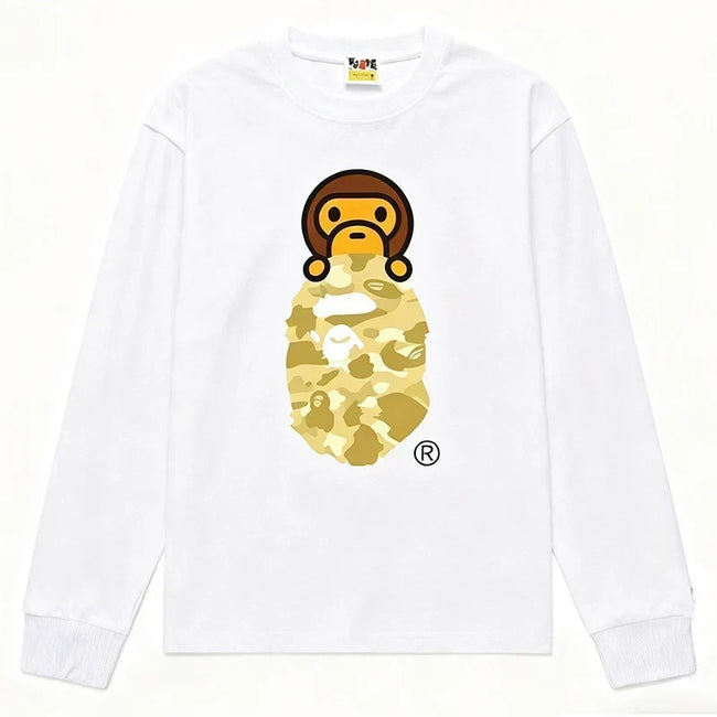 BAPE Style Baby Milo Peeking on Camo Ape Head Long-Sleeve Tee - White/Yellow Hover Image