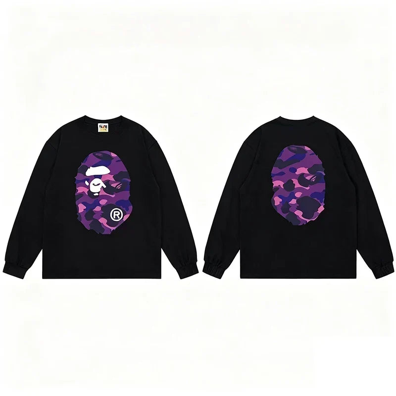 BAPE Style Big Camo Ape Head Long-Sleeve Tee - Black/Purple