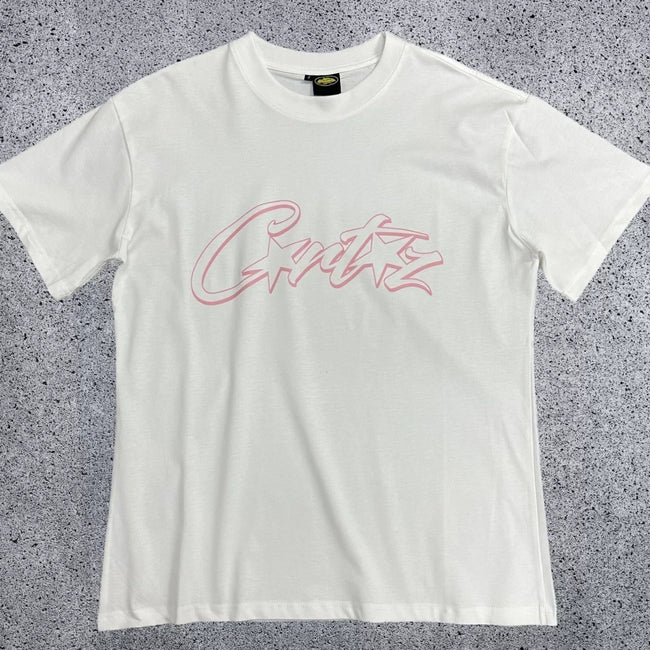 Pink Accent Star-Logo Graphic Tee - White & Pink Streetwear T-Shirt Hover Image