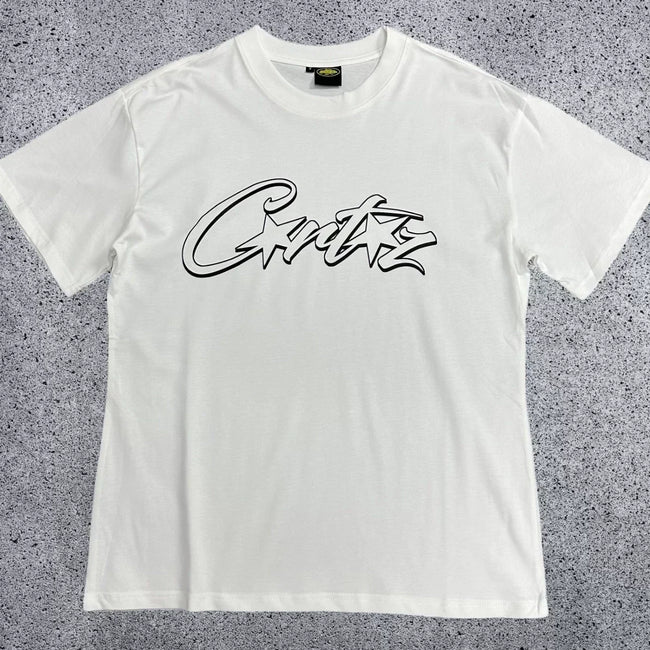 Monochrome Star-Logo Graphic Tee - White & Black Streetwear T-Shirt Hover Image
