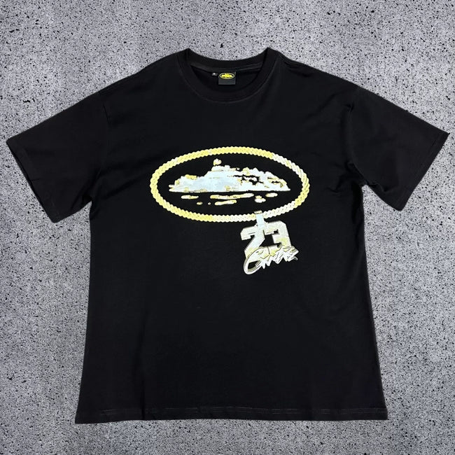 Corteiz Gold Chain & "23" Pendant Logo T-Shirt - Black Streetwear Tee Hover Image