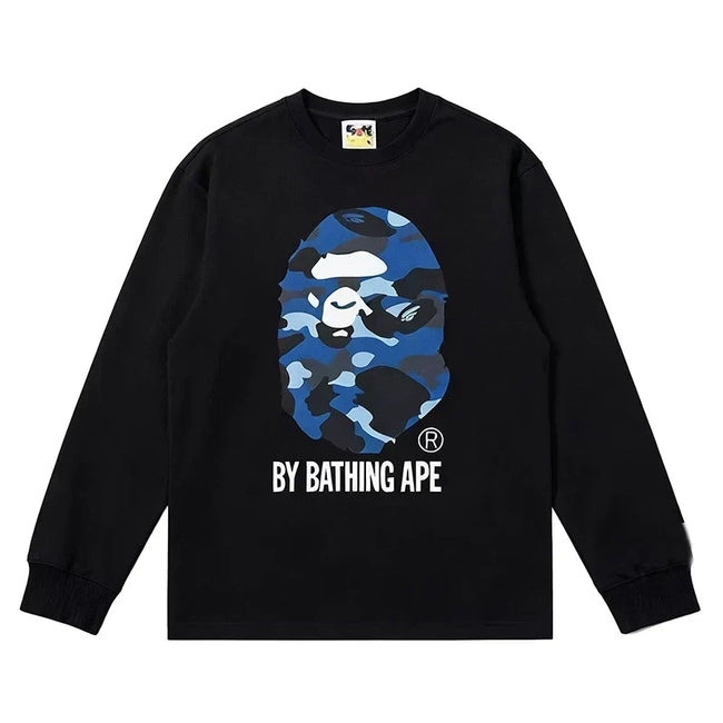 BAPE Style "BY BATHING APE" Camo Ape Head Long-Sleeve Tee - Black/Blue Hover Image