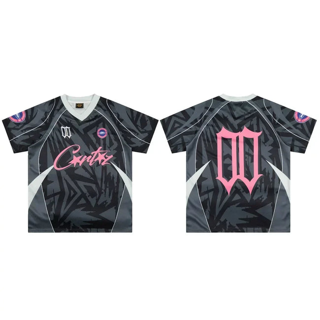 Corteiz Geometric Graphic Athletic Jersey T-Shirt - Black/Grey/Pink Hover Image