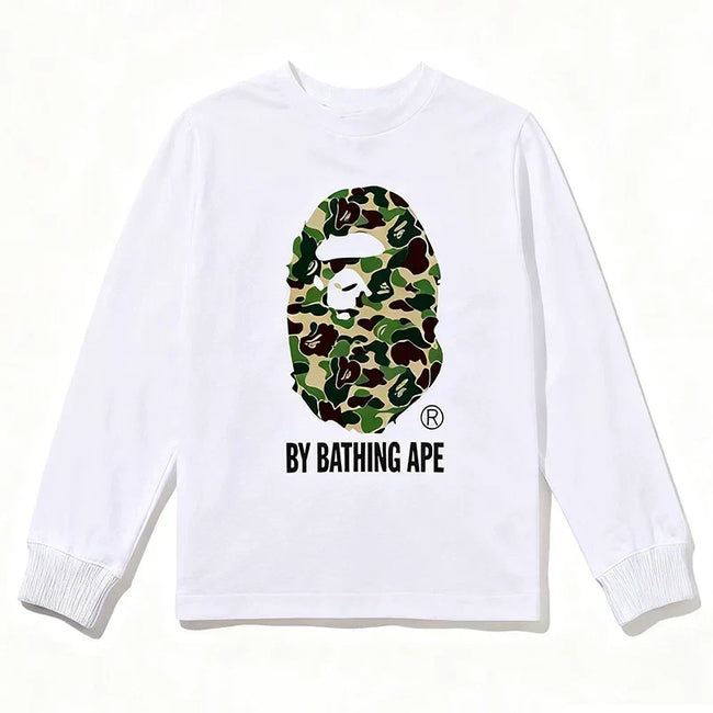 BAPE Style "BY BATHING APE" Camo Ape Head Long-Sleeve Tee - White/Green Hover Image