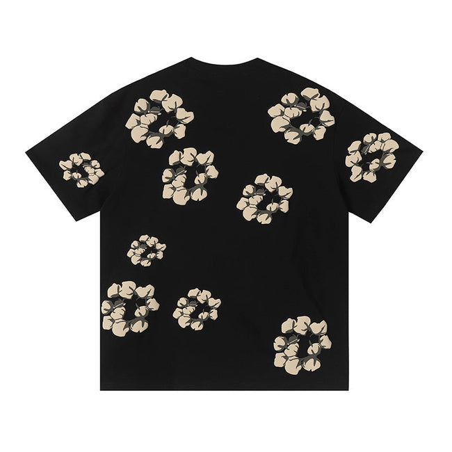 Denim Tears Black Oversized Short Sleeve Tee With All Over Beige Flower Wreath Print Main Image